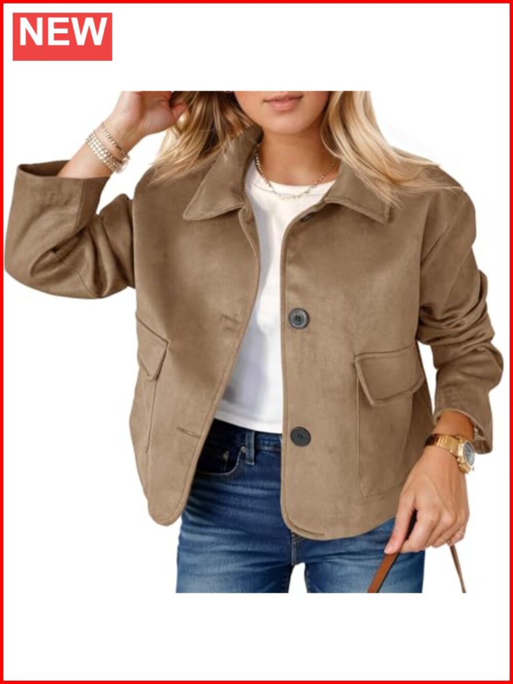 Women's Faux Suede Cropped Jacket Long Sleeve Button Up Vintage Lapel Casual
